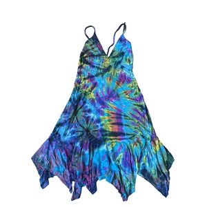 Kathmandu Imports Bright Tie Dye Laced-Back Stretch Dress Kerchief Hem Size S